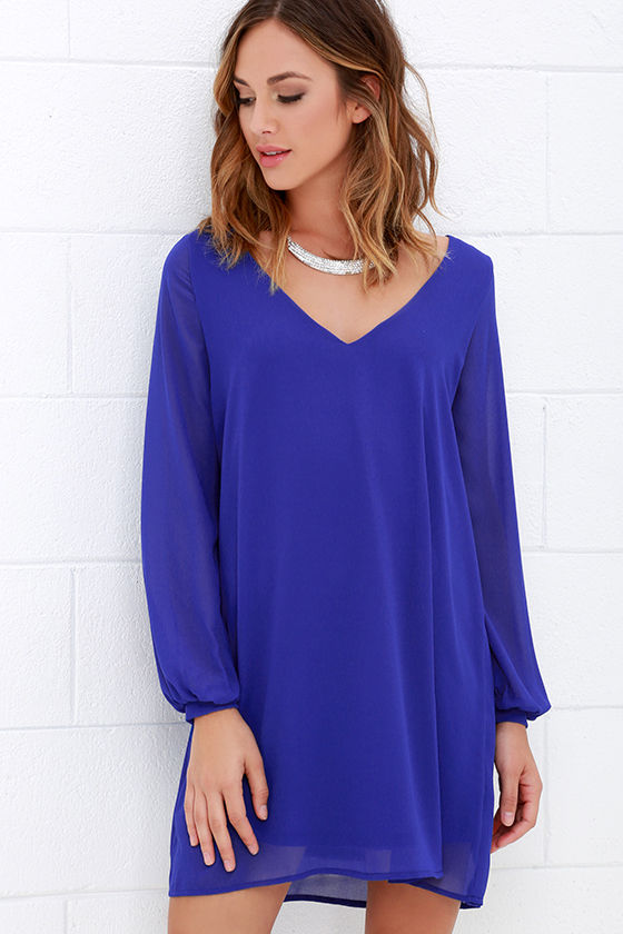Cute Royal Blue Dress - Long Sleeve Dress - Shift Dress - $47.00 - Lulus