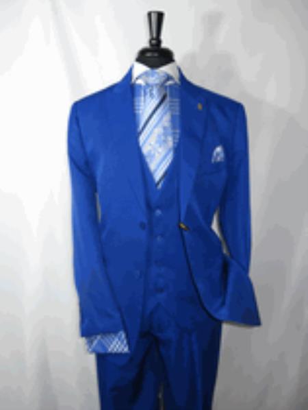 Royal Blue Vested Men's Suit 2 Button Single Breasted Peaked