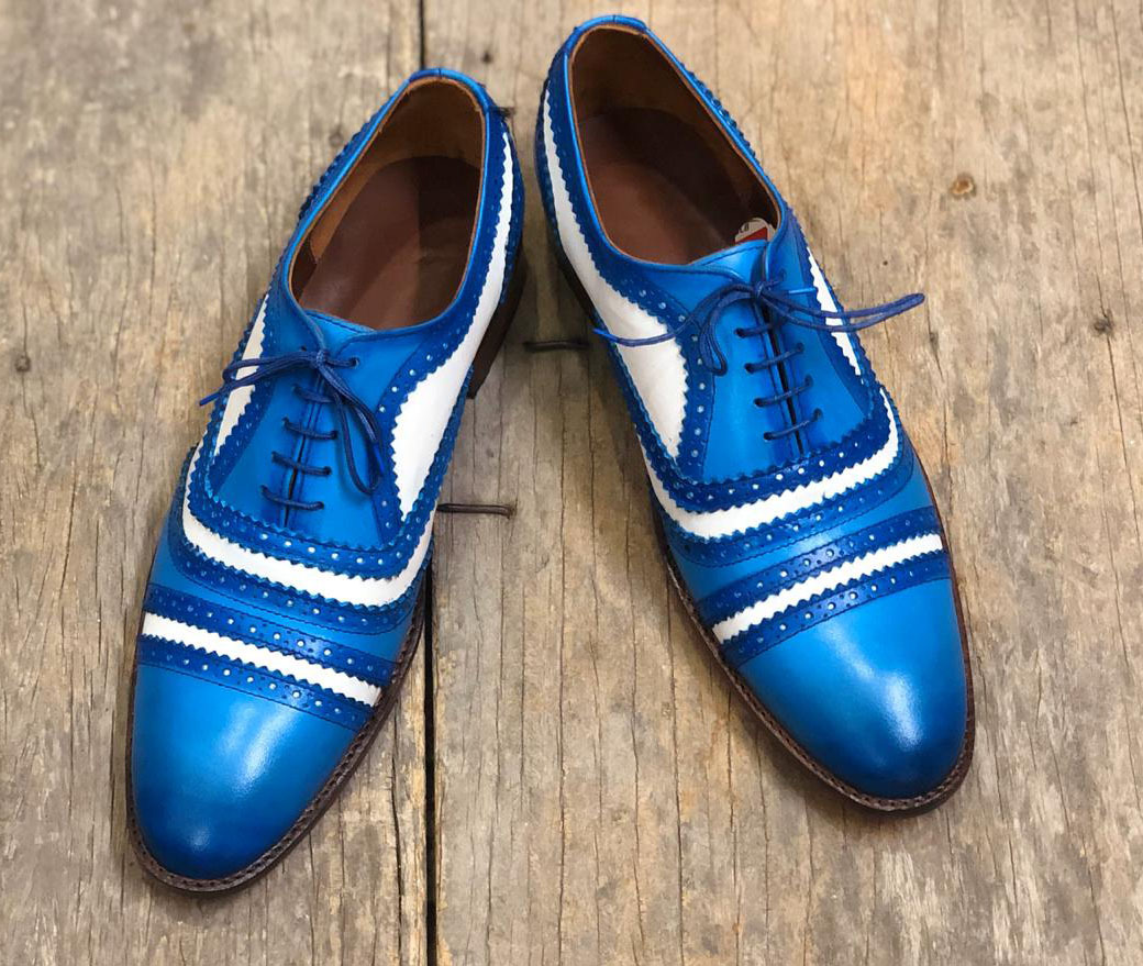 Handmade Men's White Blue Cap Toe Leather Formal Shoes, Men Designer