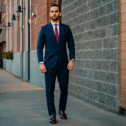 Blue Suit With Red Printed Tie