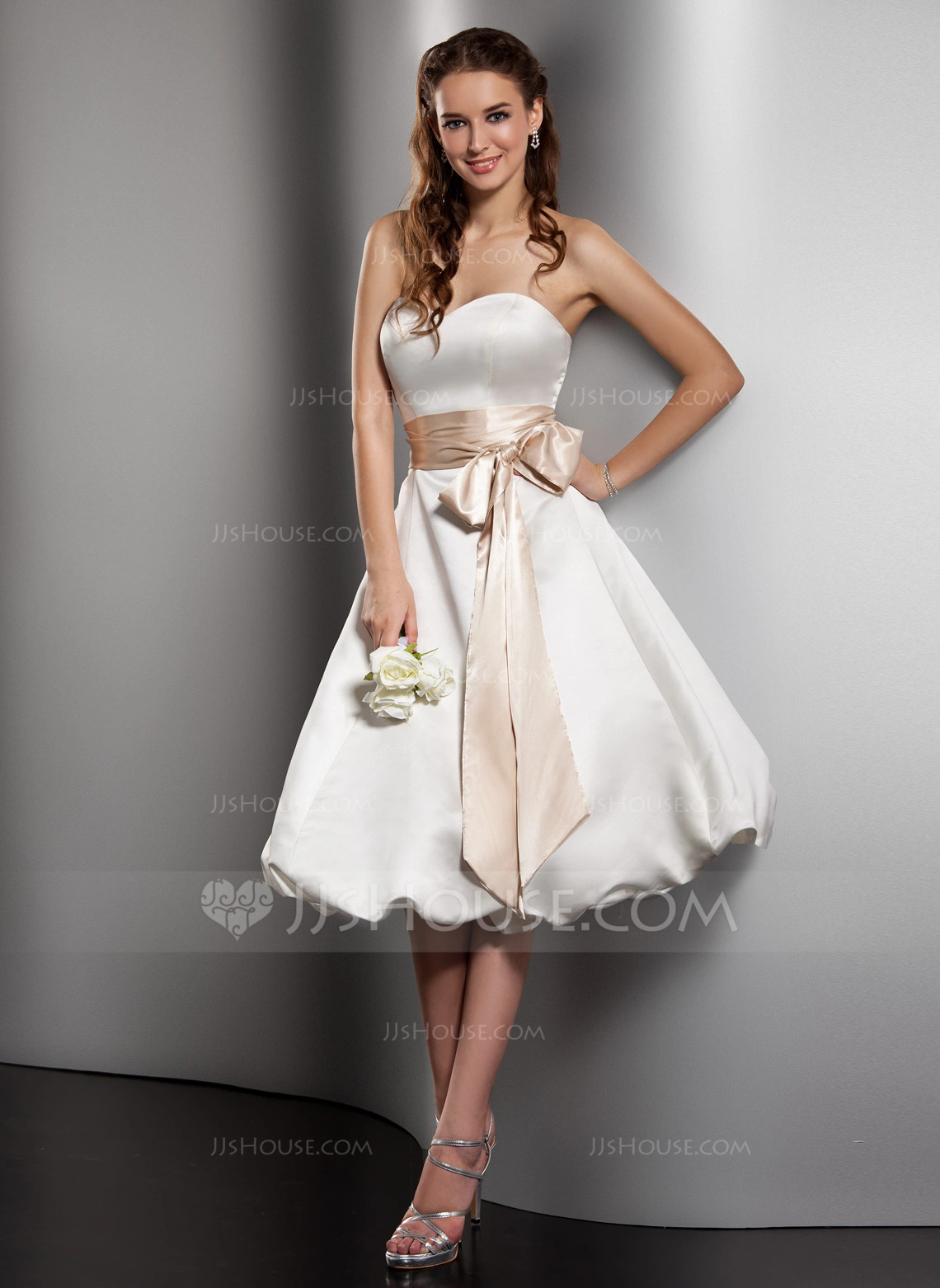 A-Line/Princess Sweetheart Knee-Length Satin Wedding Dress With Sash