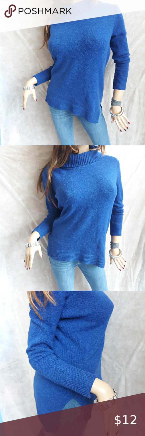 💙 Royal Blue Turtleneck Sweater Side Slits ~ SO S Great Royal Blue